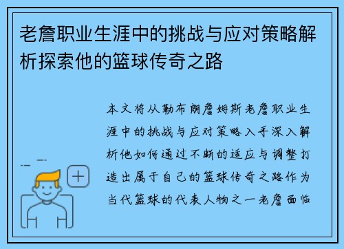 老詹职业生涯中的挑战与应对策略解析探索他的篮球传奇之路