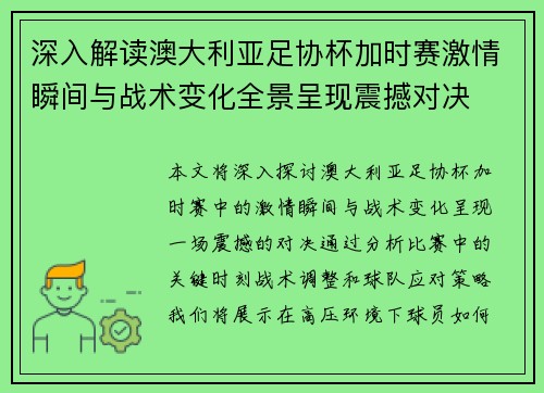 深入解读澳大利亚足协杯加时赛激情瞬间与战术变化全景呈现震撼对决
